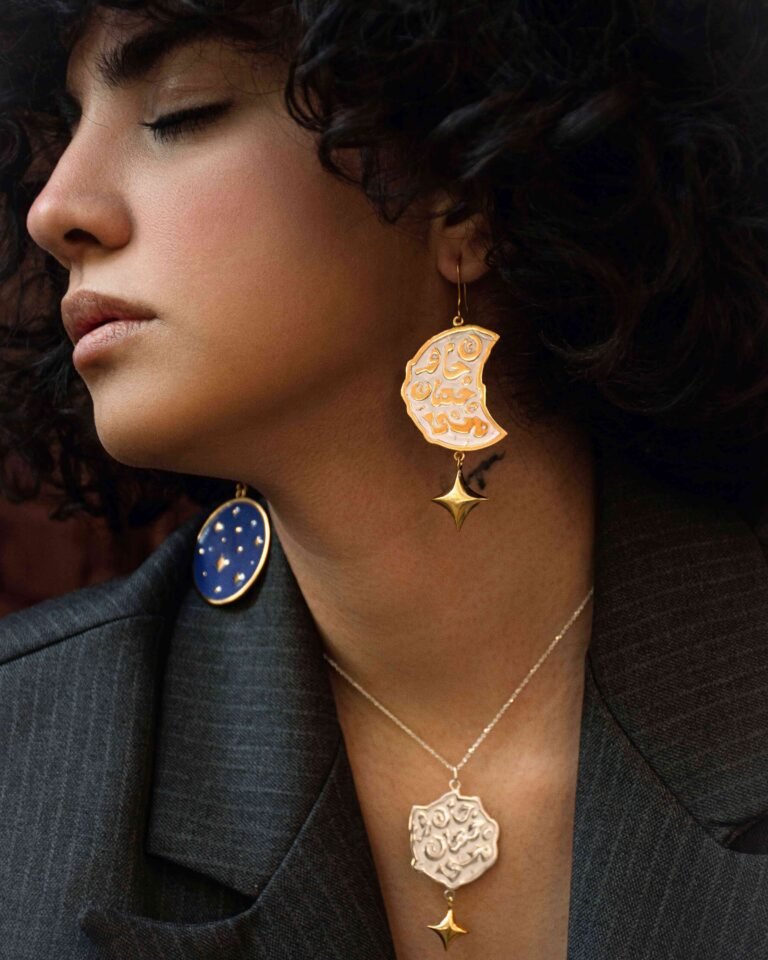 You're My Soul and My World’ Earrings (#2) with Amethyst Celestial Stone, Handmade Brass with Gold Plating, Featuring Persian Typography — Symbol of Love and Deep Connection to the Universe