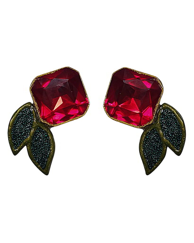 Rose Handmade Earrings With Red Stone – Light Weight