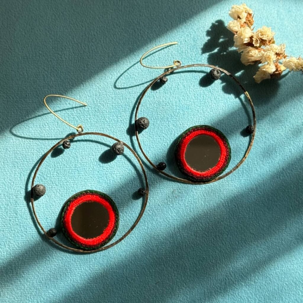 Handcrafted Brass Earrings with Mirror Embroidery & Lava Stones – Inspired by the Cosmos