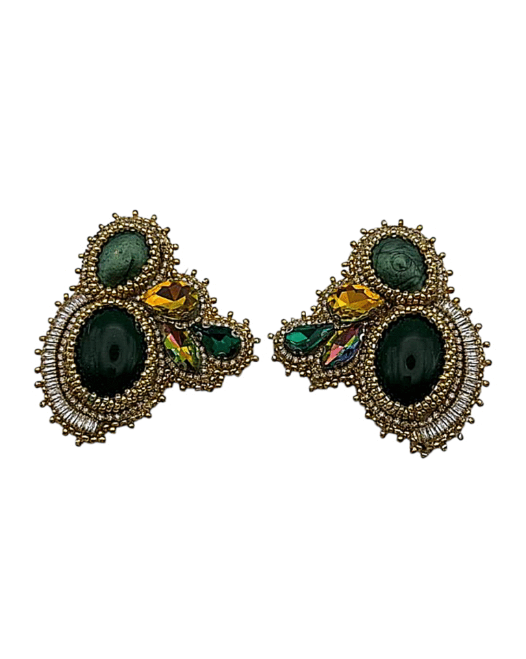 Green Twin Drops – Handmade Jewel-Embroidered Earrings