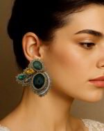 Green Twin Drops – Handmade Jewel-Embroidered Earrings - Image 2