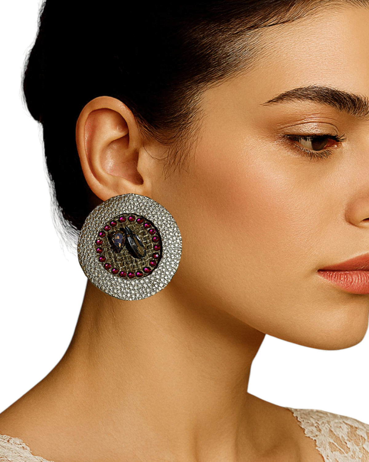 Luxury Circle Earrings with Crystal & Faux Leather - Image 2