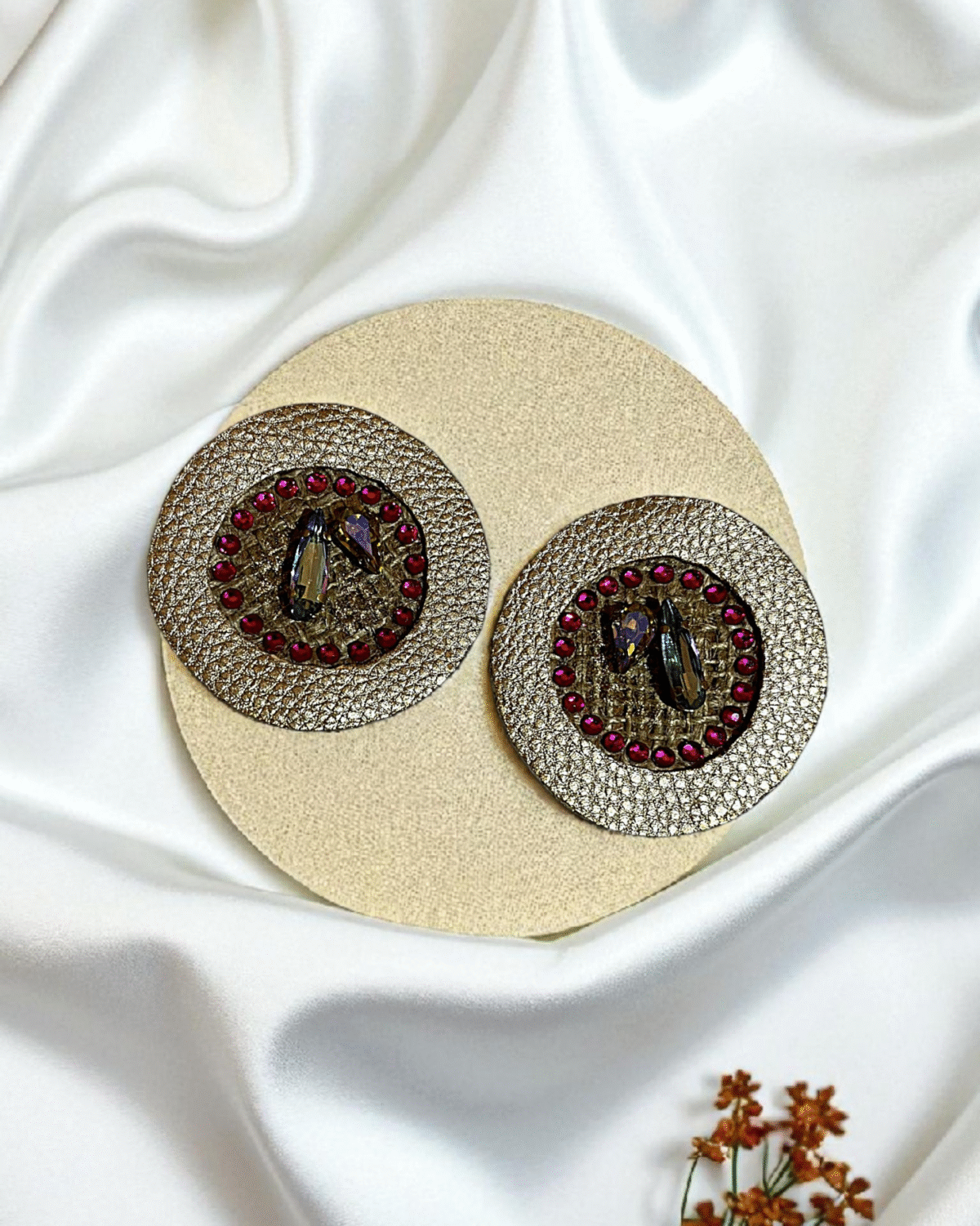 Luxury Circle Earrings with Crystal & Faux Leather - Image 3