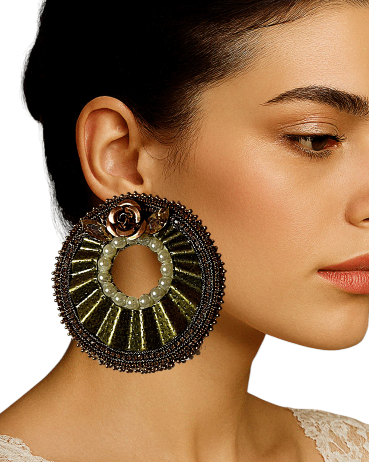 Golden Pearl Halo Earrings – Handmade-Embroidered Elegance - Image 2