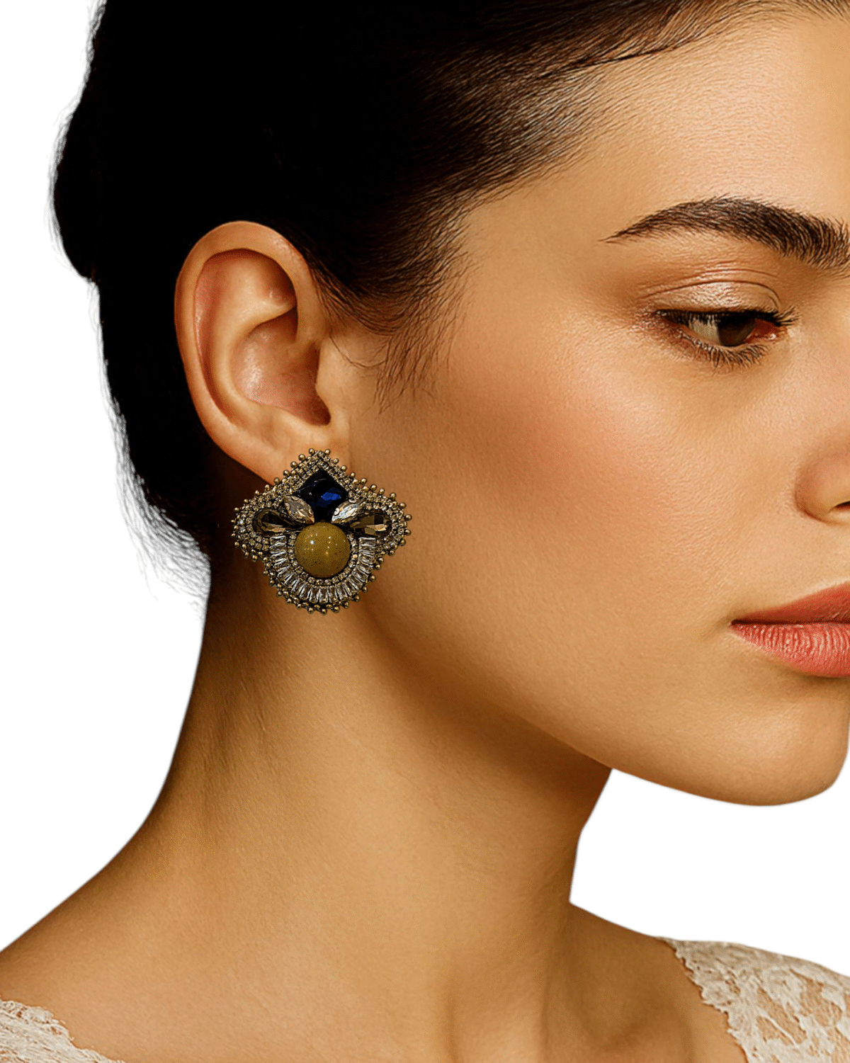 Golden Cube Earrings – Handmade Jewel-Embroidered Earrings - Image 2