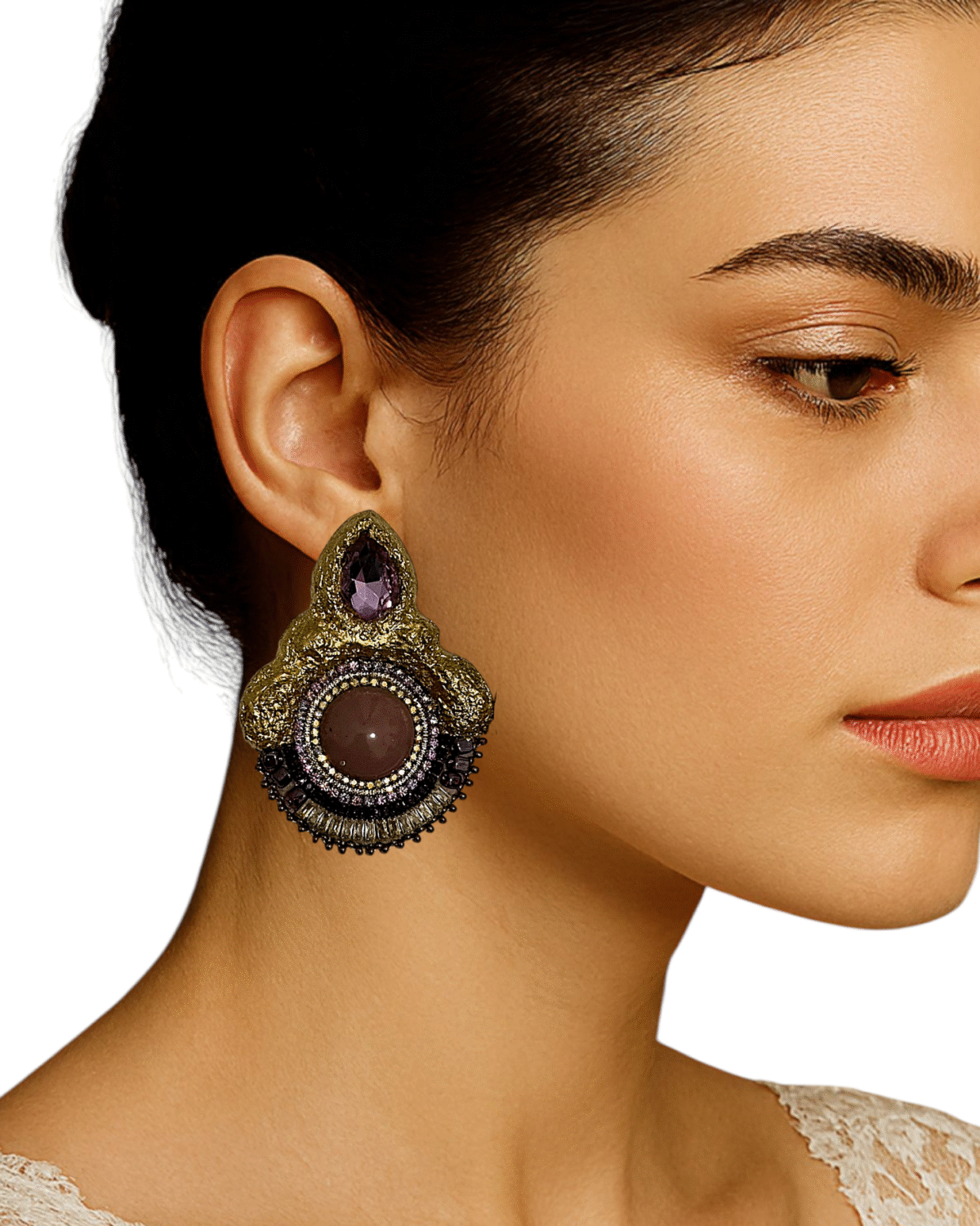 Regal Amethyst Earrings - Handmade Jewel-Embroidered And Paper Mache - Image 2