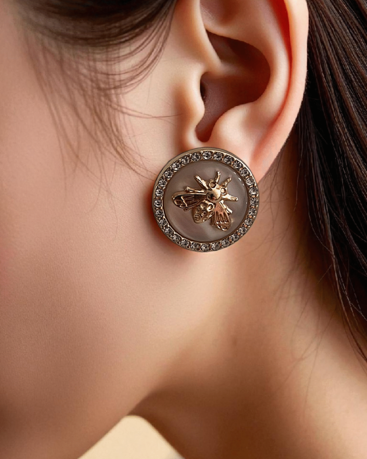 Golden Bee Earrings with Sparkling Halo - Image 2