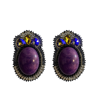 “Twilight Bloom: Hand-Embroidered Gem Earrings”
