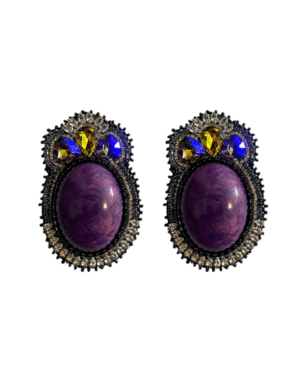 “Twilight Bloom: Hand-Embroidered Gem Earrings”