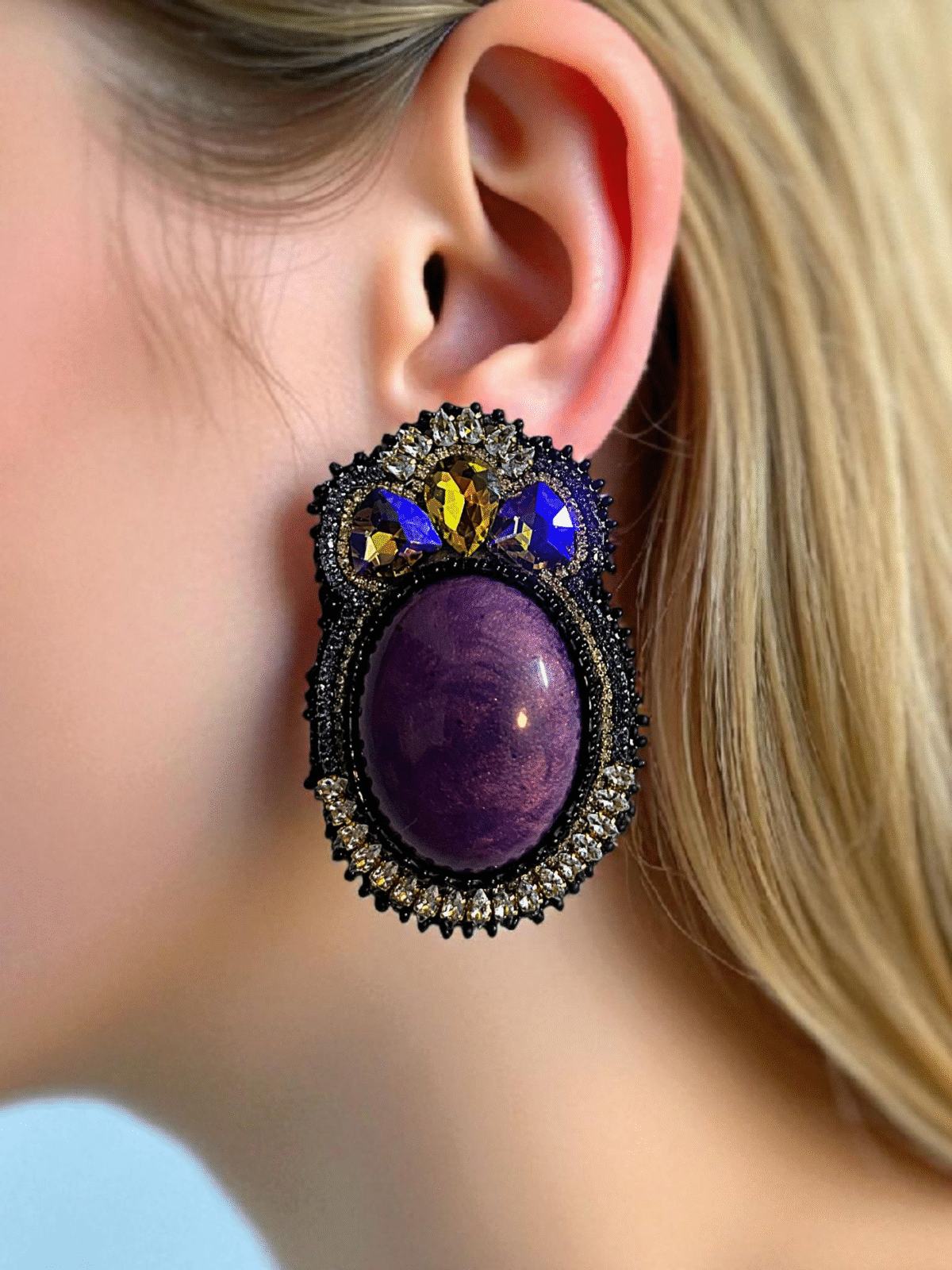 “Twilight Bloom: Hand-Embroidered Gem Earrings” - Image 2