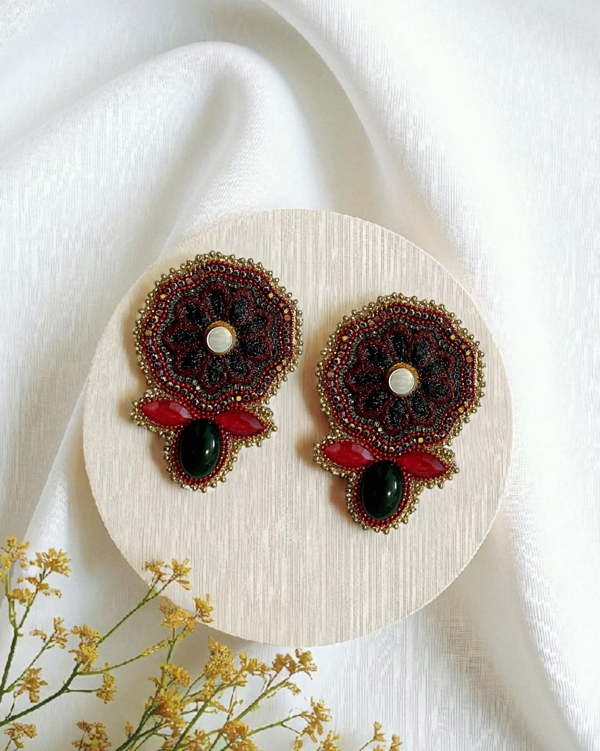 Pomegranate Bloom – Handmade Jewel-Embroidered And Paper Mache Earrings - Image 3