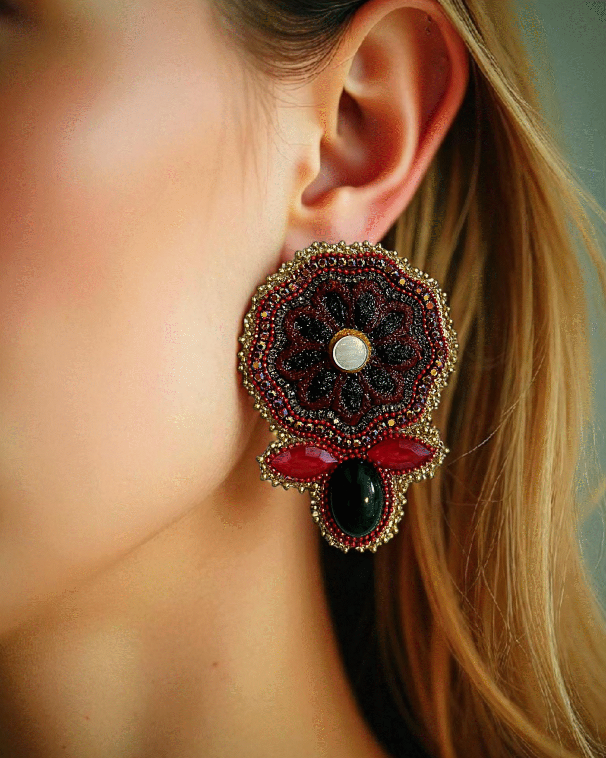 Pomegranate Bloom – Handmade Jewel-Embroidered And Paper Mache Earrings - Image 2