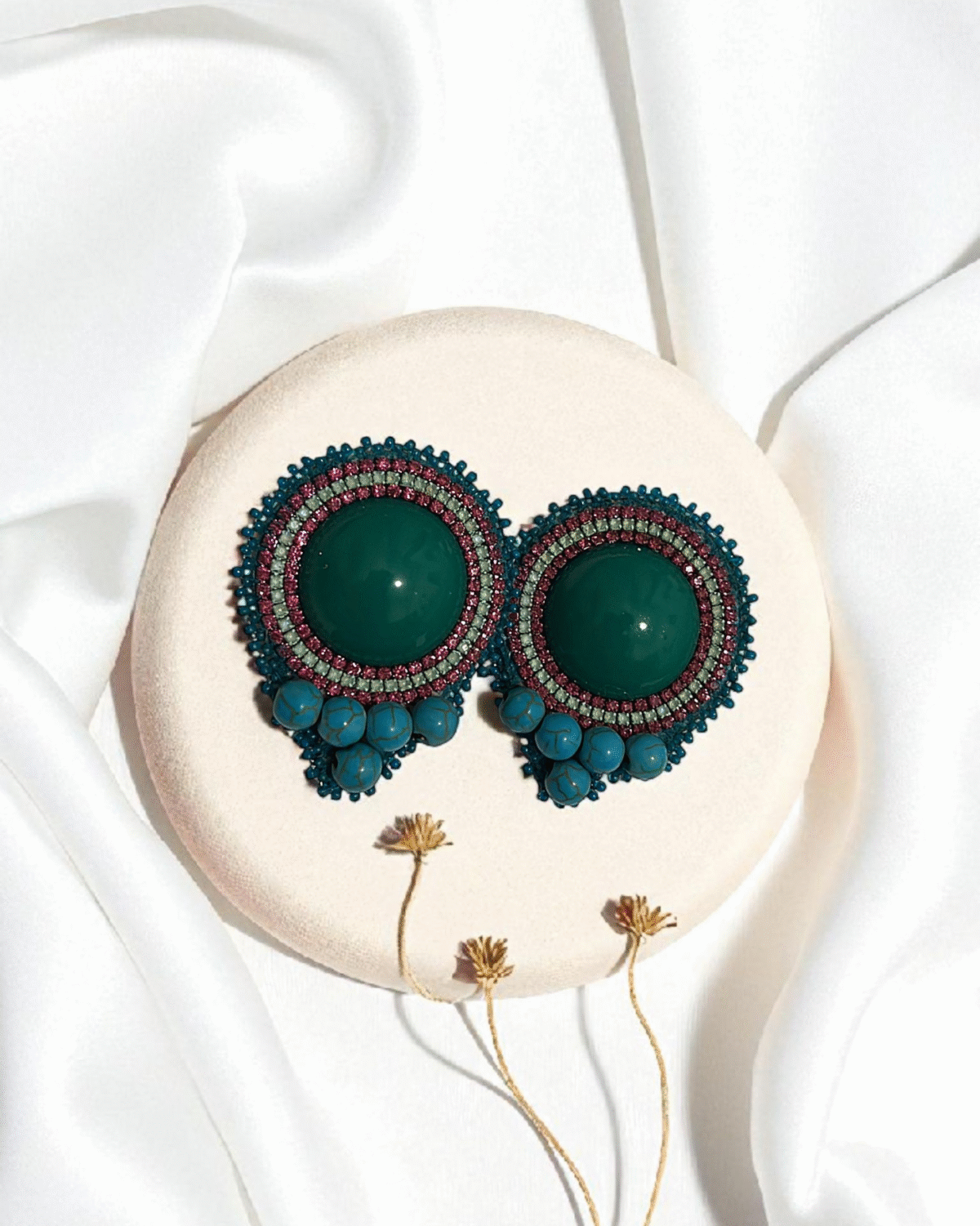 Turquoise Flower Earrings – Handmade Jewel-Embroidered Earrings - Image 3