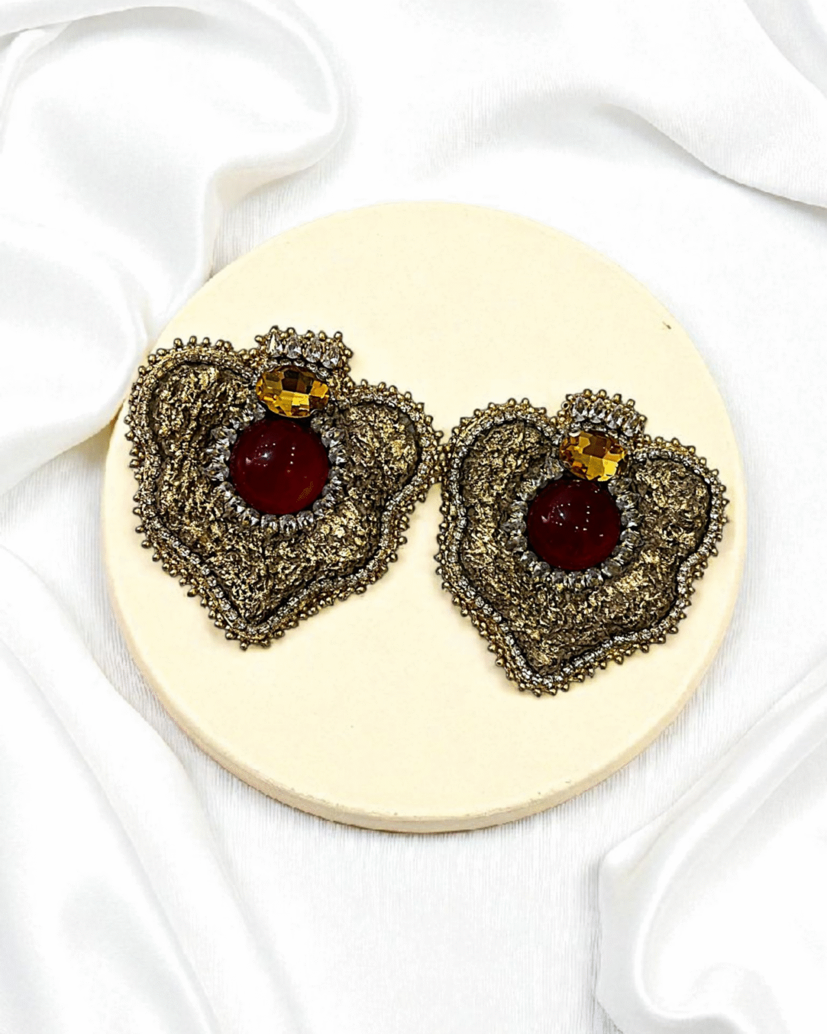 Fire And Gold – Handmade Jewel-Embroidered  And Paper Mache Earrings - Image 3