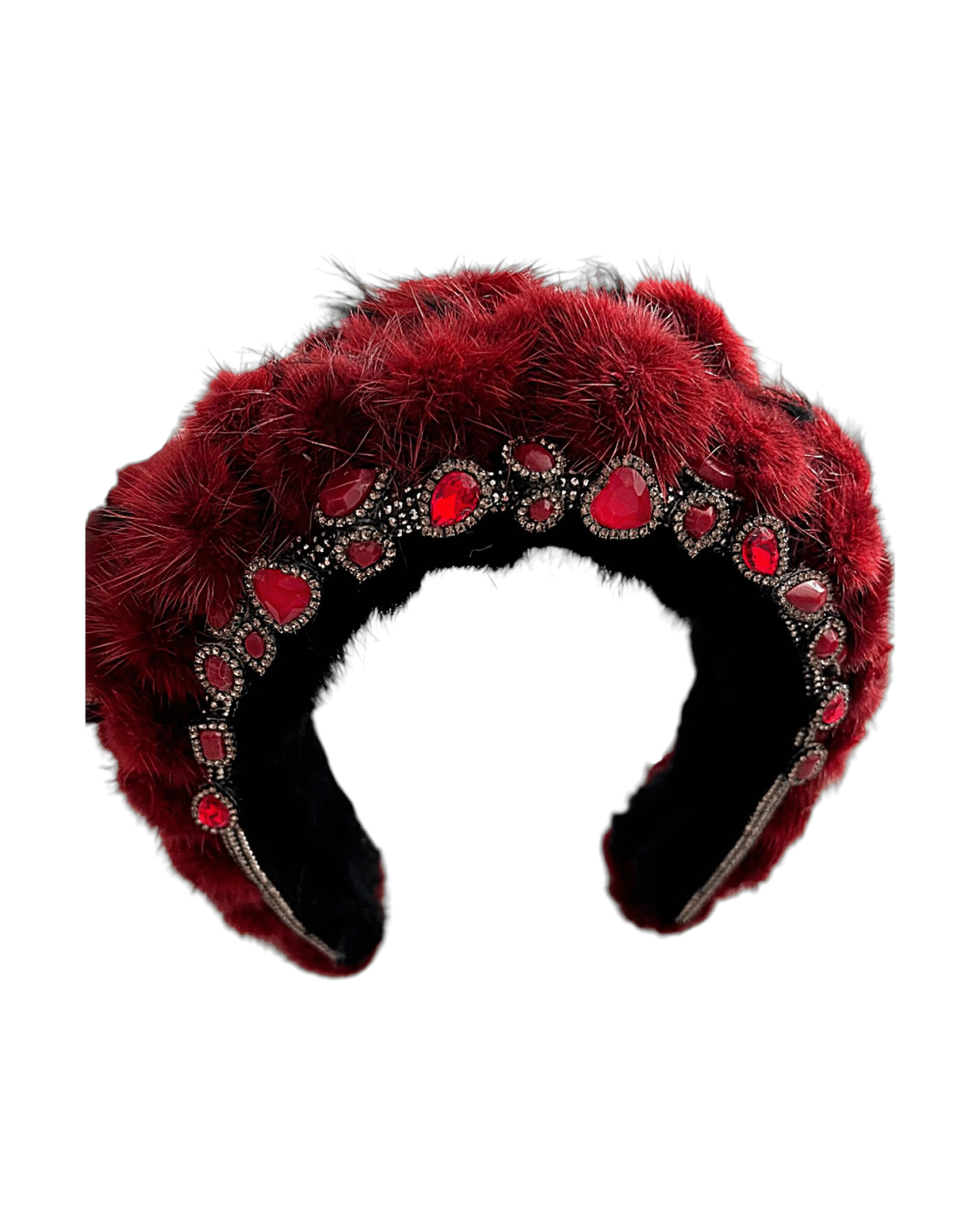 Crimson Fur And Gemstone Embroidered Headband