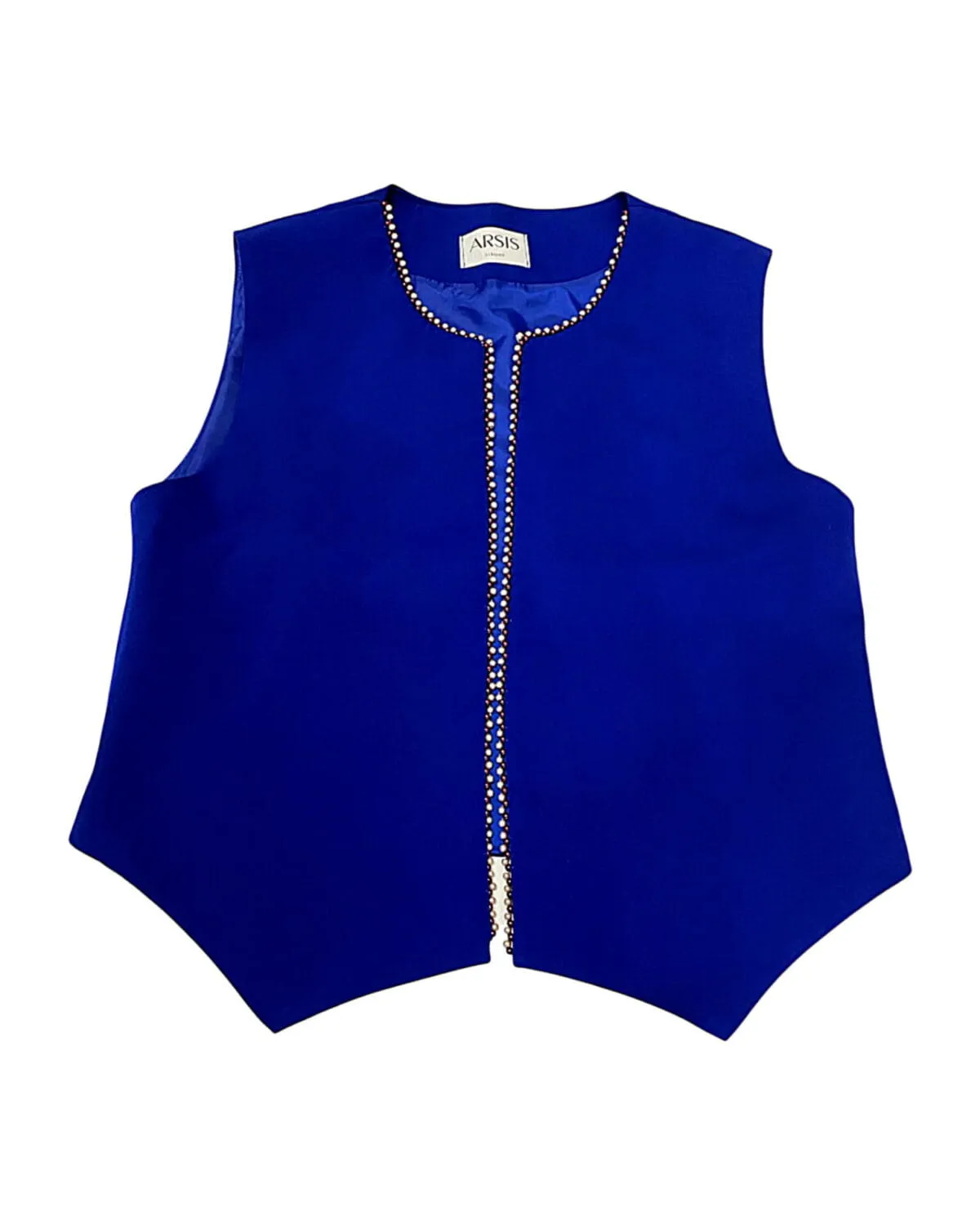 Pearl-Trimmed Royal Blue Crepe Vest