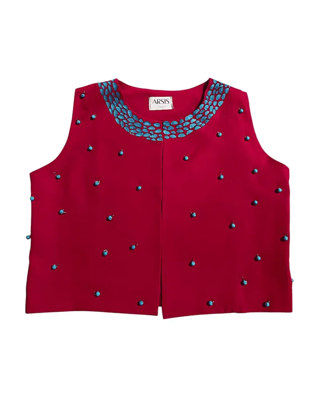 Magenta Vest With Turquoise And Golabetoon Detail