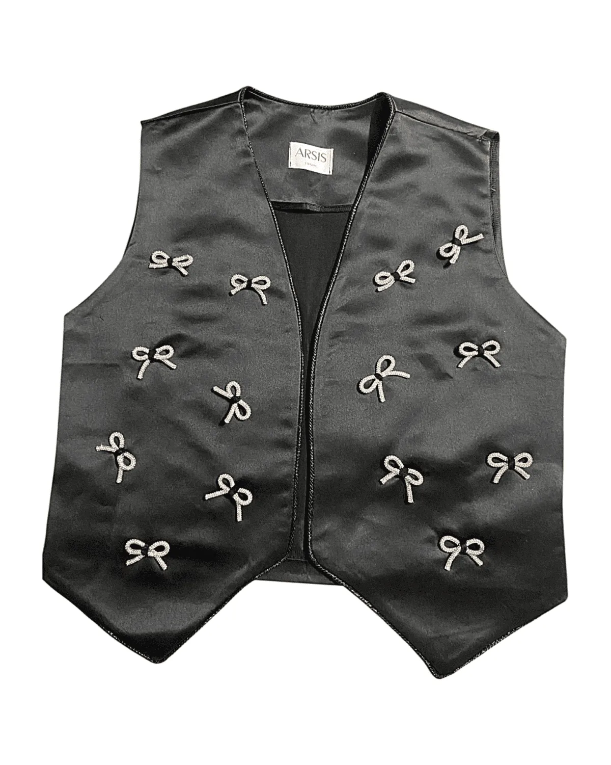 Midnight Bows: Satin Vest With Crystal Grace