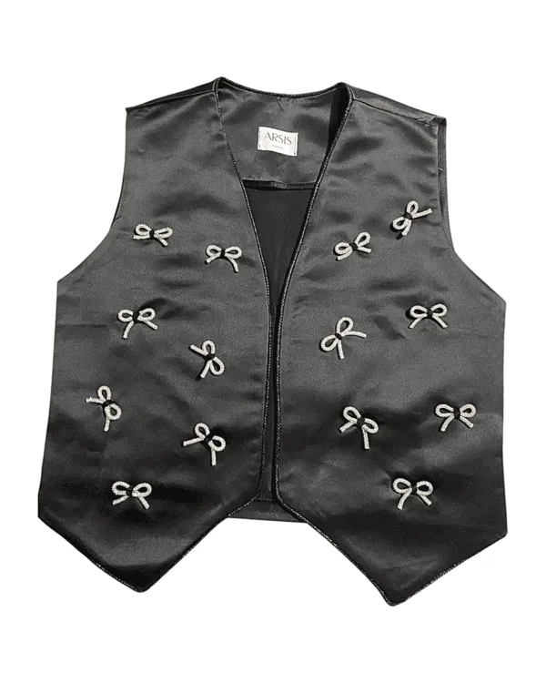 Midnight Bows: Satin Vest With Crystal Grace