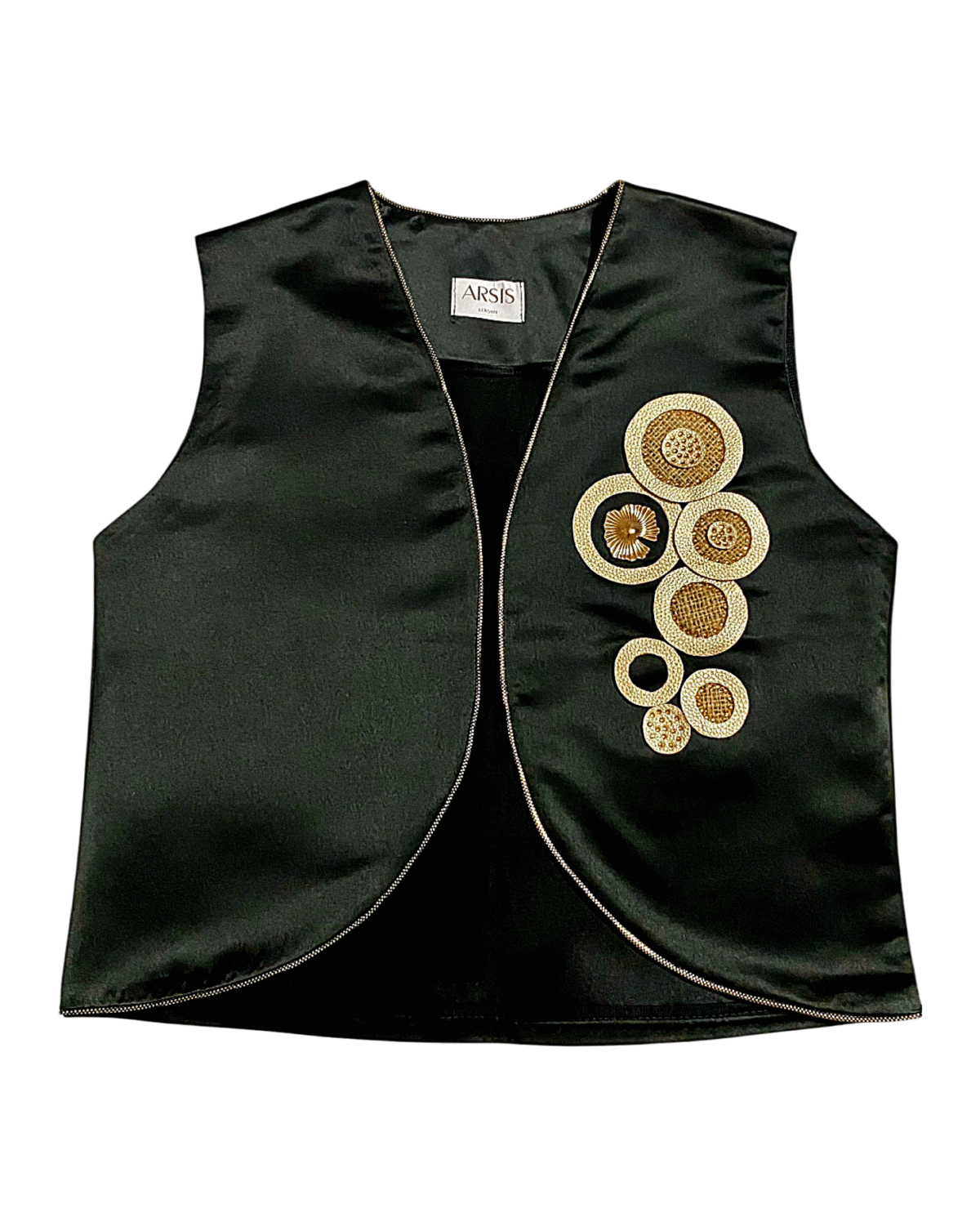 Golden Orbit Vest In Black Satin Elegance