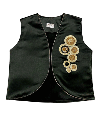 Golden Orbit Vest In Black Satin Elegance