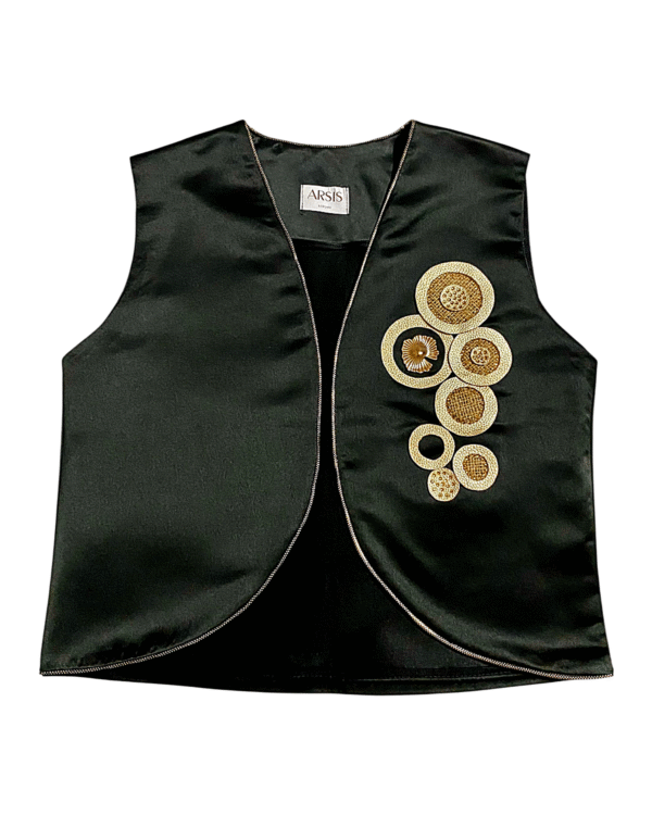 Golden Orbit Vest In Black Satin Elegance