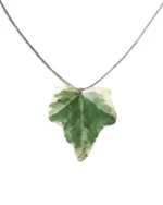 Handmade ivy leaf necklace with silver lame cord and stainless steel clasp on neutral background