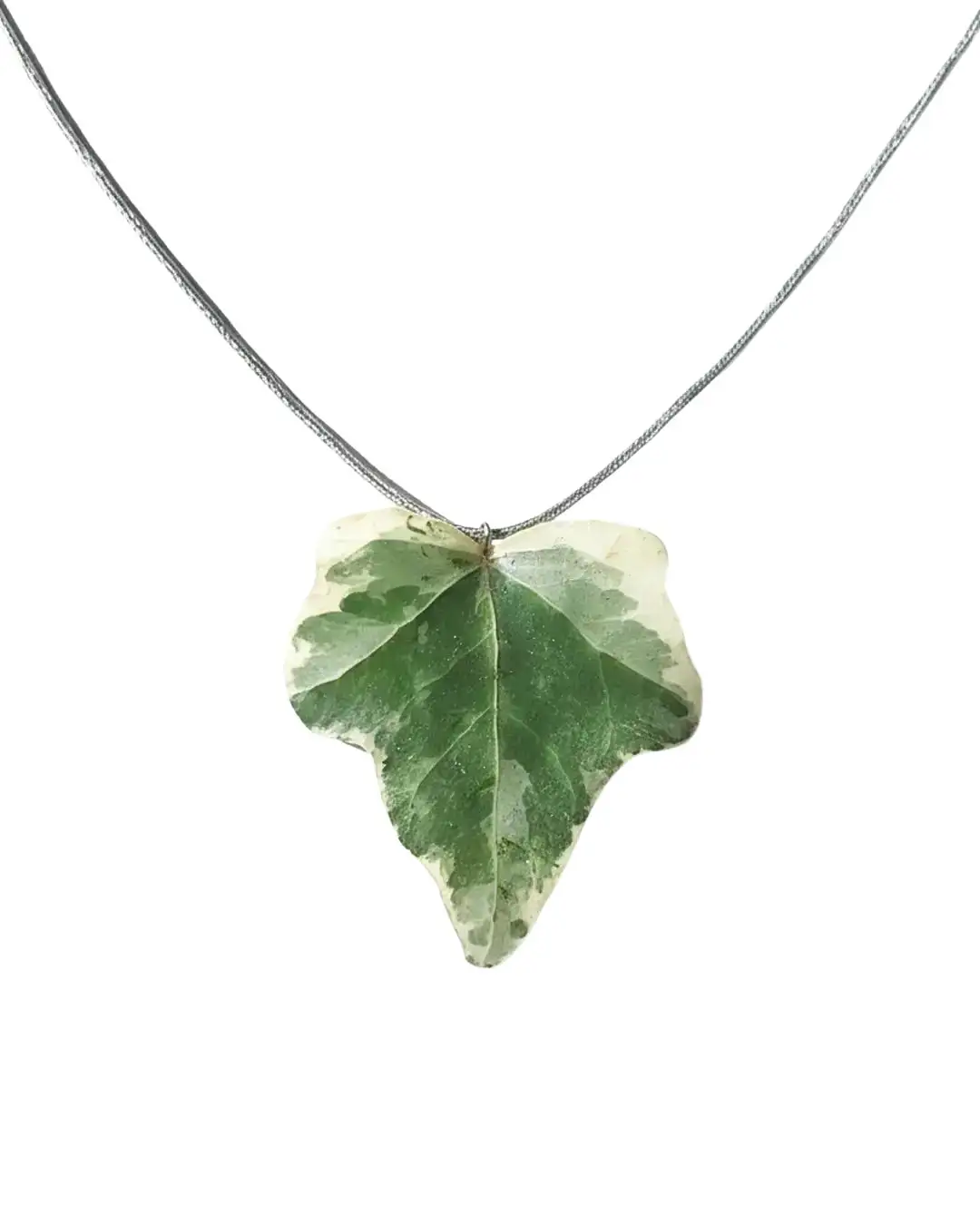 ivy-leaf-necklace-white-background Handmade ivy leaf necklace with silver lame cord and stainless steel clasp on neutral background