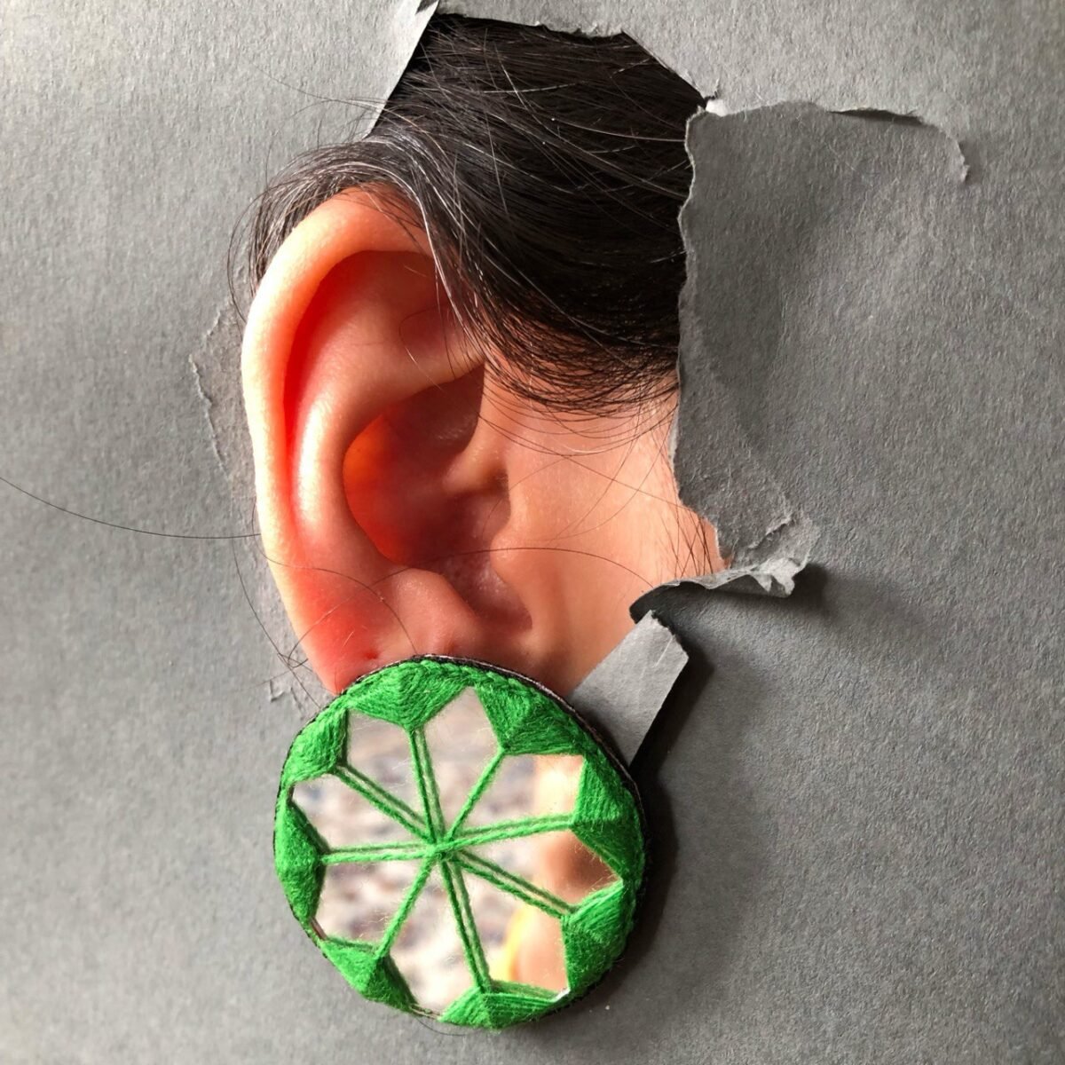 Handmade Persian Mirror Embroidery Stud Earrings – Green Circular Design - Image 2