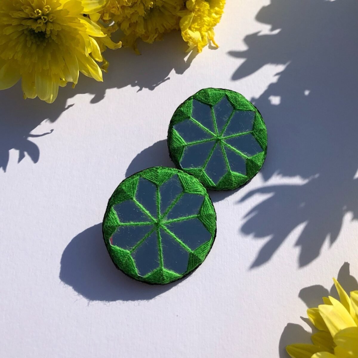 Handmade Persian Mirror Embroidery Stud Earrings – Green Circular Design - Image 4