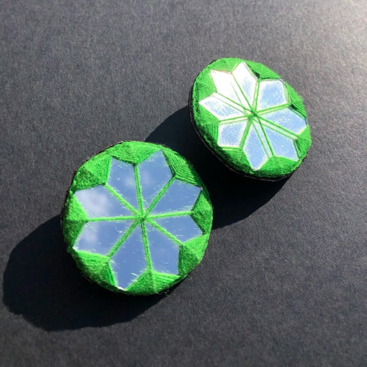 Handmade Persian Mirror Embroidery Stud Earrings – Green Circular Design - Image 5