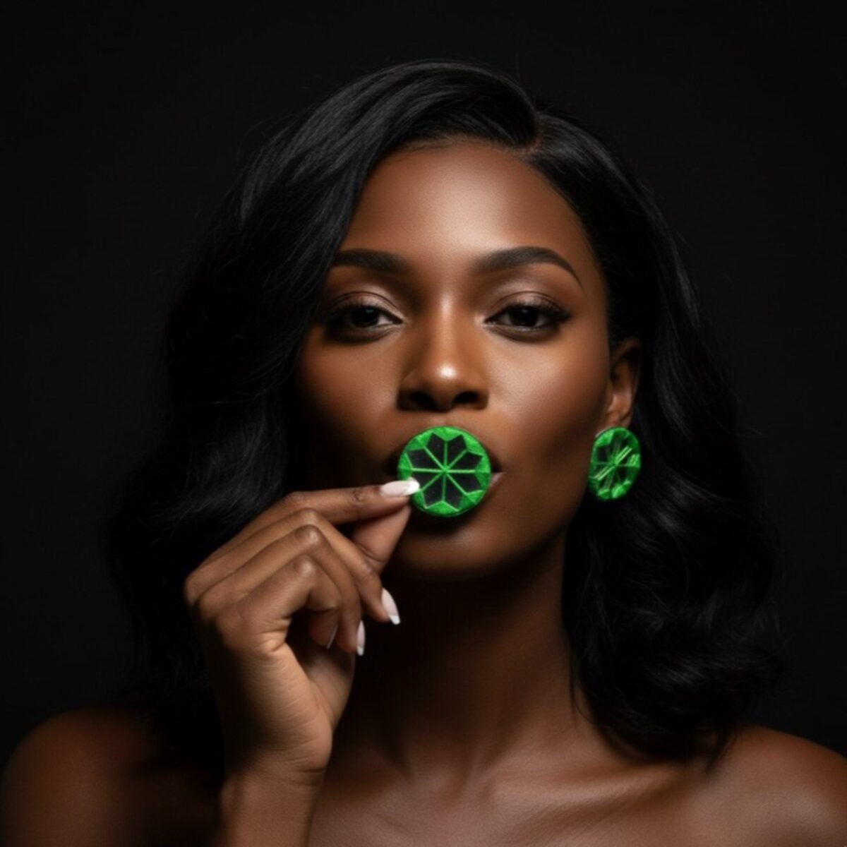 Handmade Persian Mirror Embroidery Stud Earrings – Green Circular Design