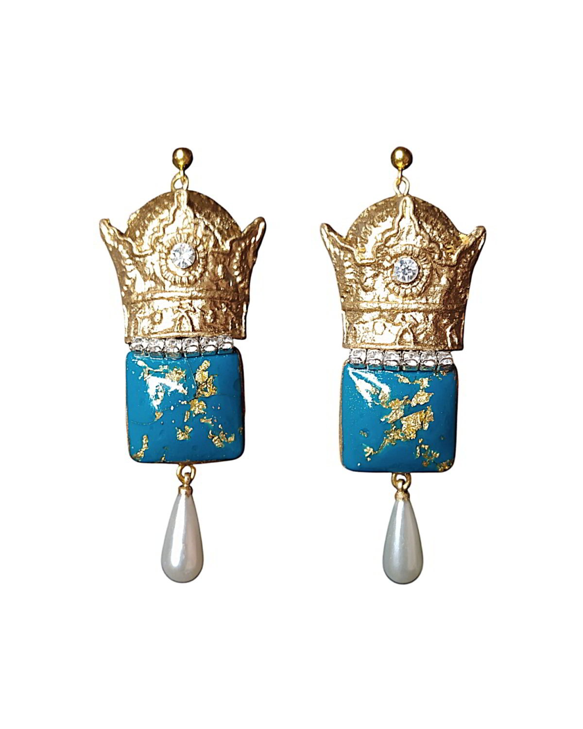 Pahlavi Crown – Handmade Paper Mache Earrings With Square Stone - Image 1