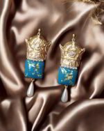 Pahlavi Crown – Handmade Paper Mache Earrings With Square Stone - Image 4