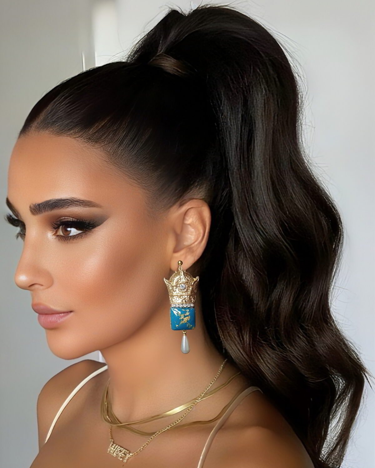 Pahlavi Crown – Handmade Paper Mache Earrings With Square Stone - Image 2