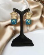 Pahlavi Crown – Handmade Paper Mache Earrings With Square Stone - Image 3