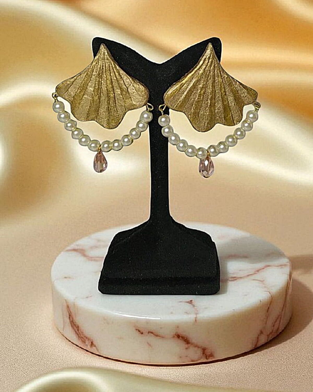 Golden Ginkgo – Handmade Paper Mache Earrings - Image 3