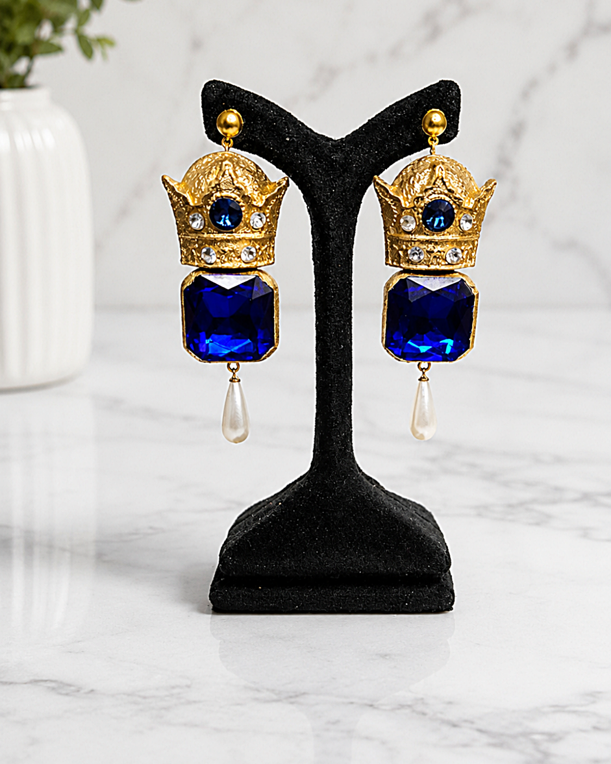 Pahlavi Crown – Handmade Paper Mache Earrings With Square Stone - Image 9