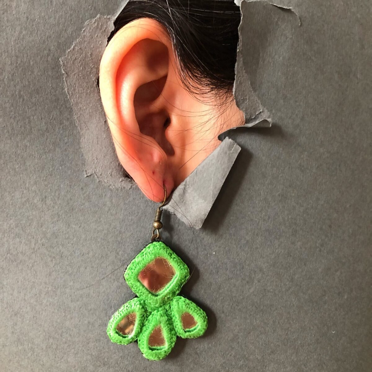 Handmade Persian Mirror Embroidery Drop Earrings – Green Lightweight Hook Design - Image 2