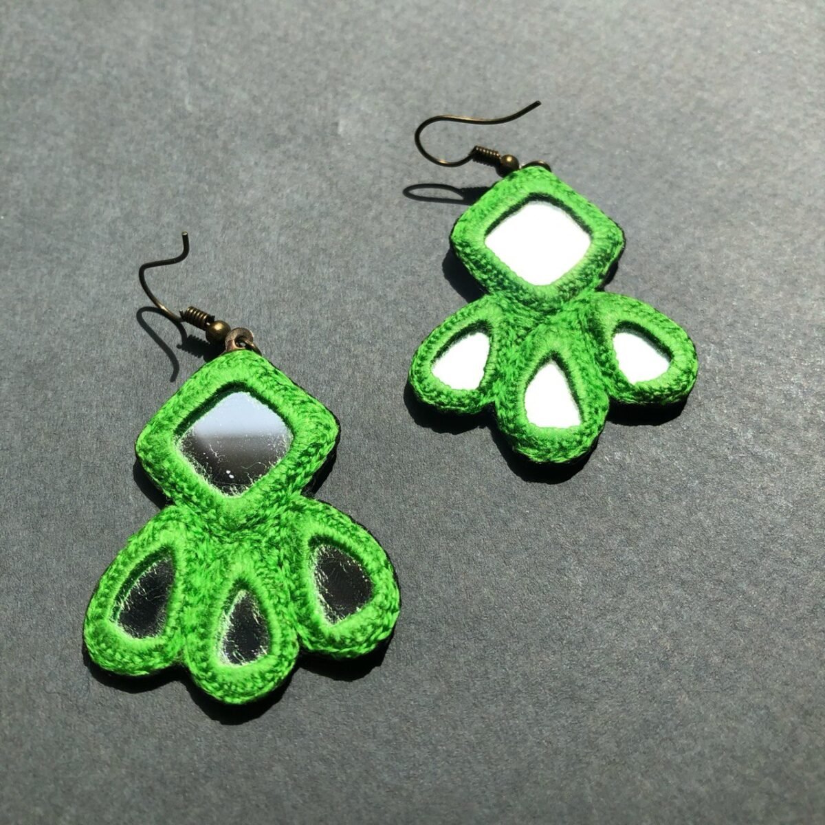 Handmade Persian Mirror Embroidery Drop Earrings – Green Lightweight Hook Design - Image 3