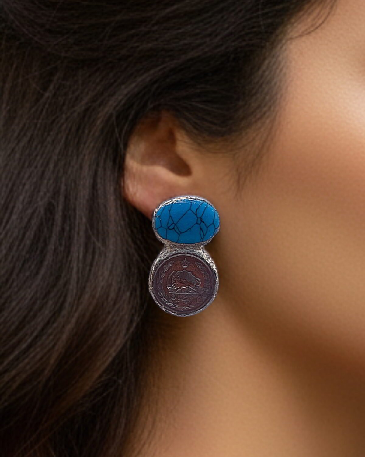 Vatan – Handmade Paper Mache Earrings With Pahlavi coins - Image 3
