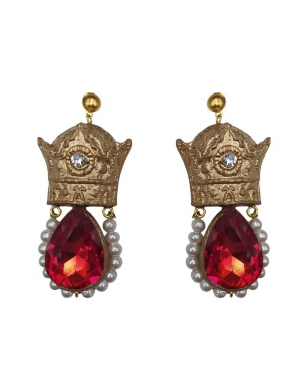 Crown – Handmade Paper Mache Earrings With Red And Green Crystal