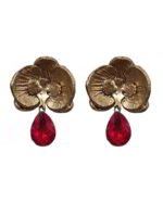 Golden Orchid Paper Mache Earrings With Red Crystal