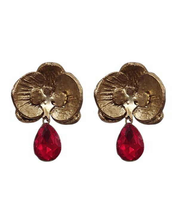 Golden Orchid Paper Mache Earrings With Red Crystal