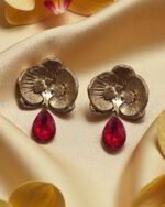 Golden Orchid Paper Mache Earrings With Red Crystal - Image 4