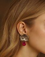 Golden Orchid Paper Mache Earrings With Red Crystal - Image 2