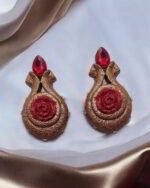 Secret Of Pomegranate – Handmade Paper Mache Earrings With crimson Rose - Image 4