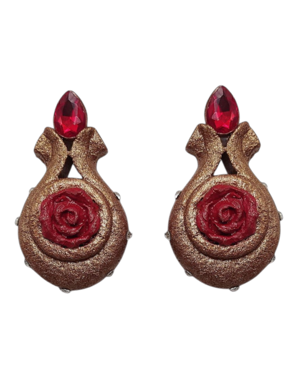 Secret Of Pomegranate – Handmade Paper Mache Earrings With crimson Rose