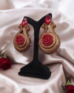 Secret Of Pomegranate – Handmade Paper Mache Earrings With crimson Rose - Image 3