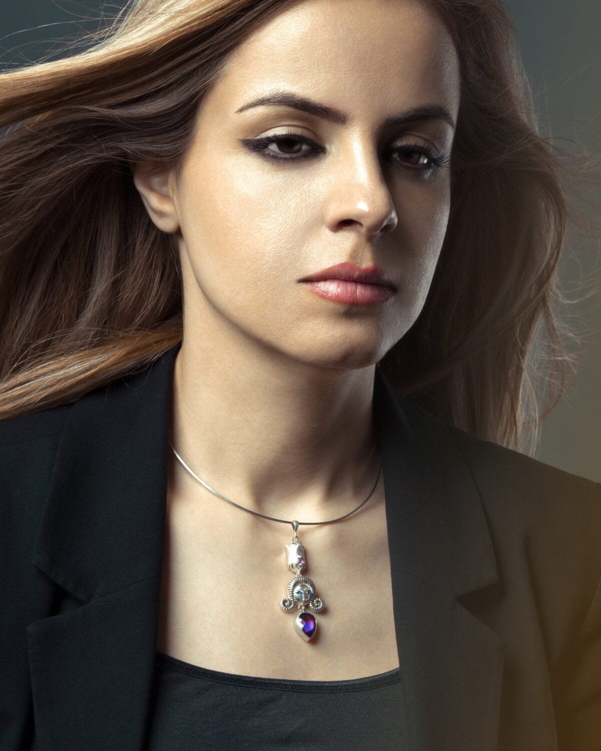 Dokhtaran-e-Dasht-e-Dagh Gold Plated Silver Pendant with Amethyst and Sapphire gemstones - Image 2